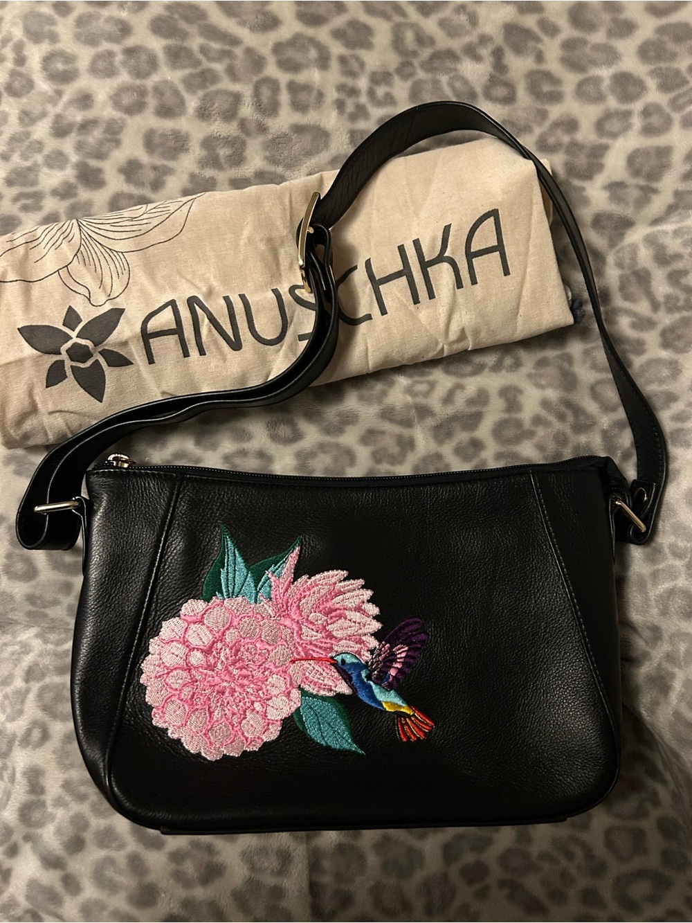 Anuschka Black Leather Crossbody Bag with Pink Floral & Hummingbird Embroidery